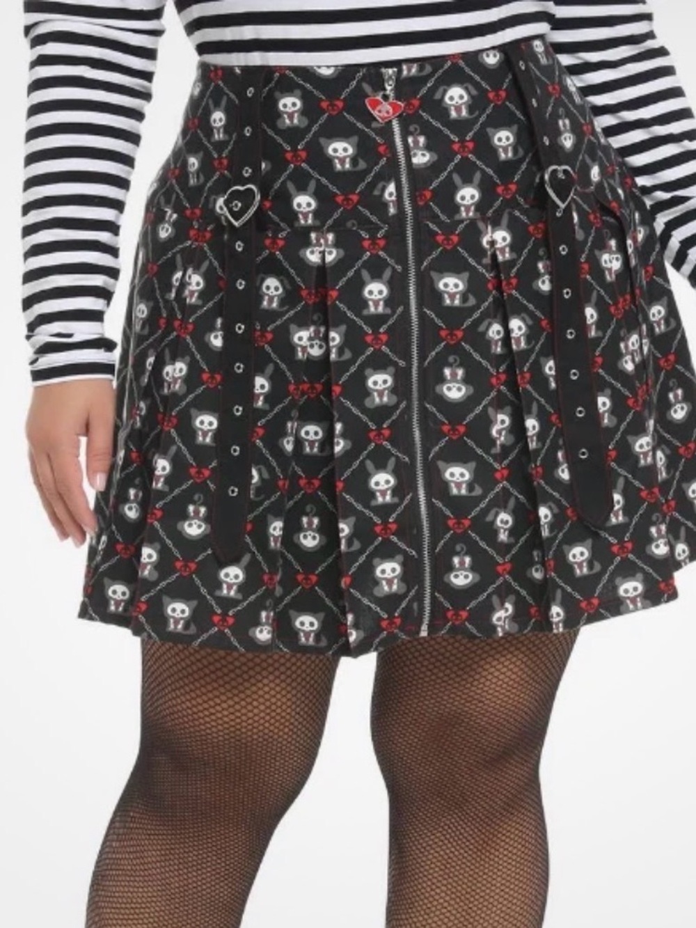 Skelanimals Grommet Strap Pleated Skirt Emo Hot Topic Skulls Chains Black Zip M